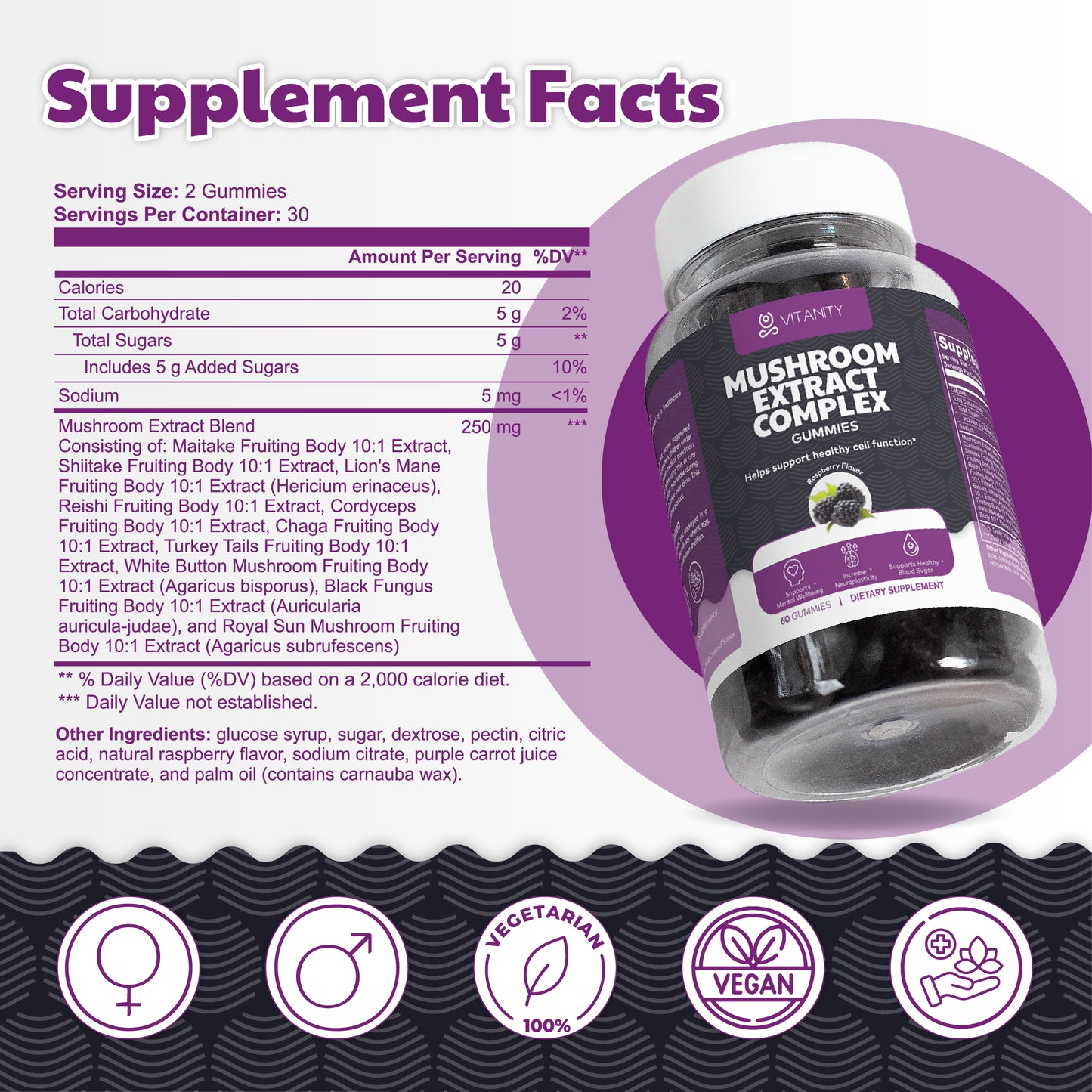 Mushroom Extract Complex Gummies - Brain Focus & Energy Boost